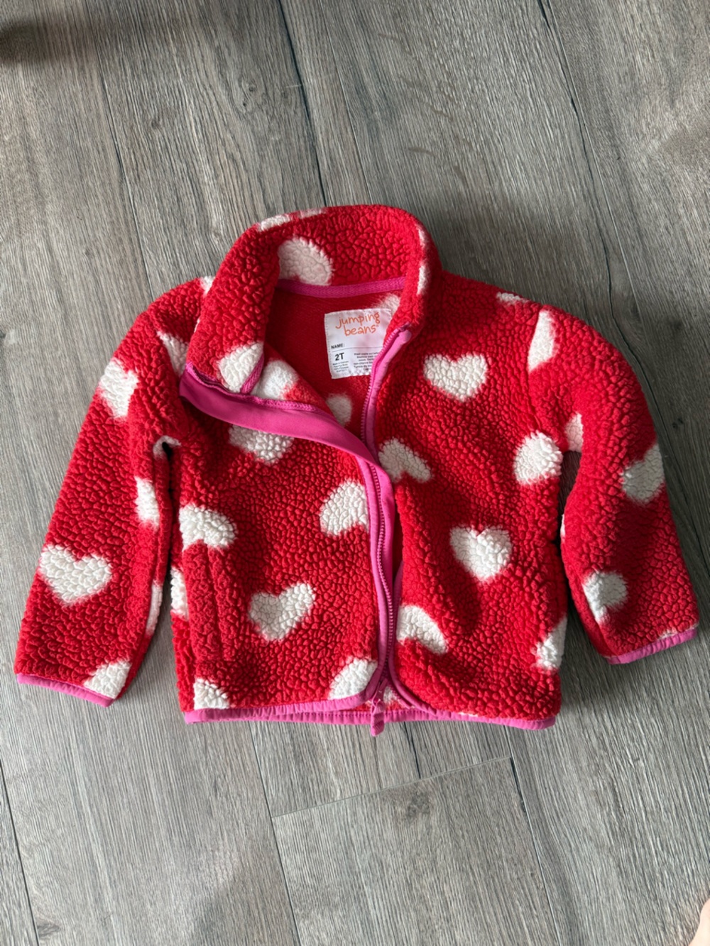 jumping beans Girls 2T Red Sherpa Zip Jacket with White Hearts and Pockets